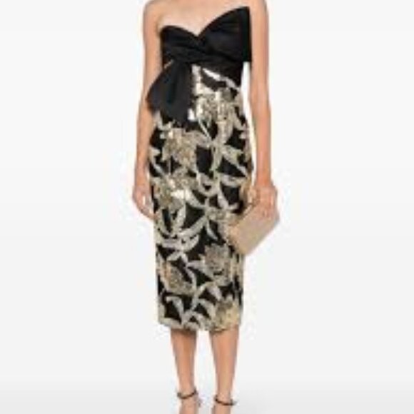 Marchessa Notte Lotus black gold floral sequin bow cocktail holiday midi dress 6 - Picture 4 of 8